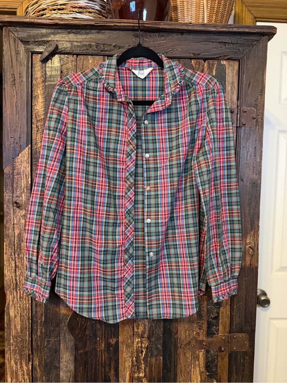 Vintage Sears 70s Plaid Ruffle Blouse M Womens Tartan Christmas Prairie Preppy